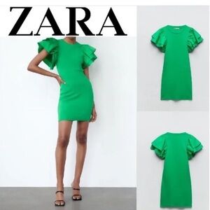 NWT Zara Green Ruffle Sleeve Mini Dress